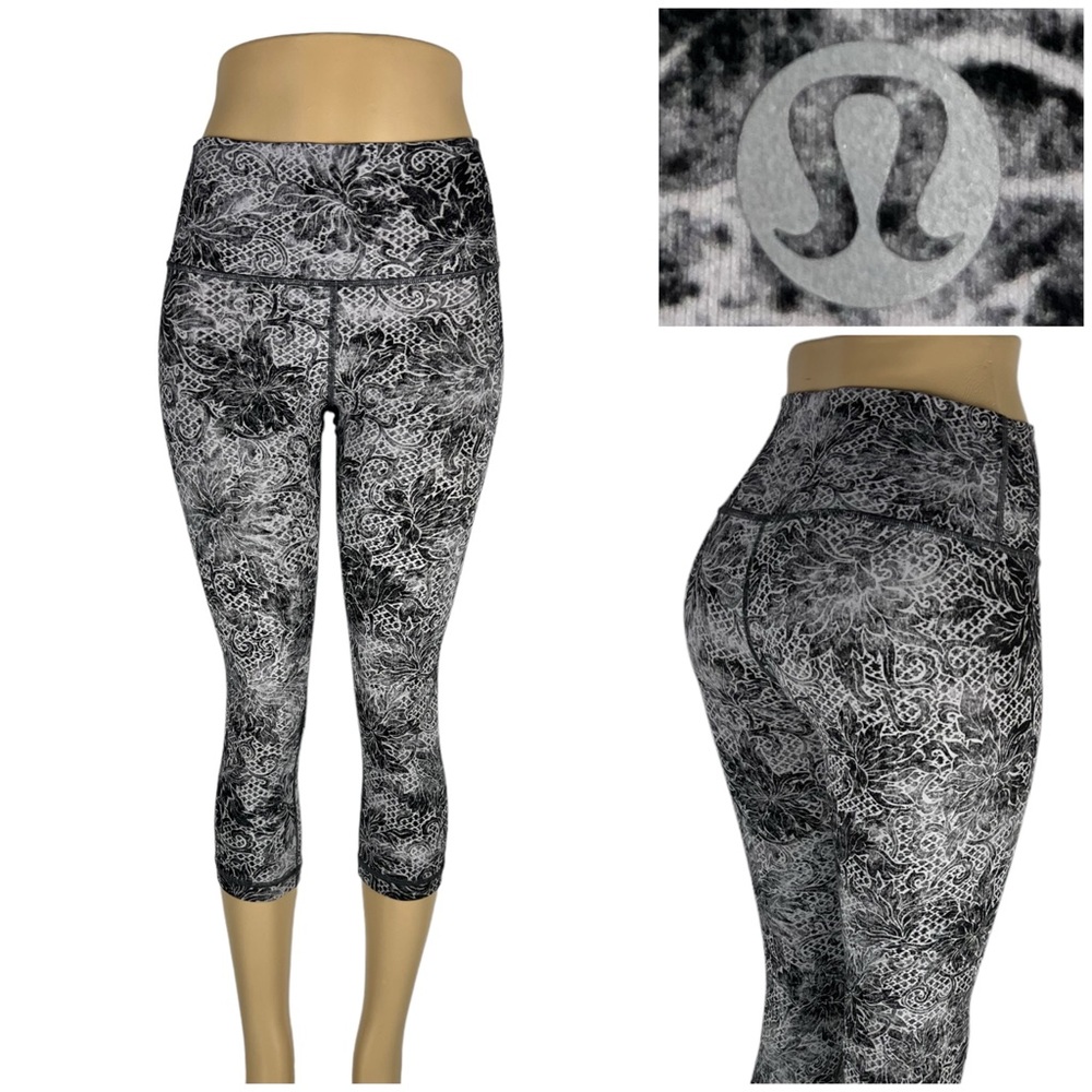 Lululemon Women 8 Wunder Under High Rise Crop Serigraph Starlight Black Mult EUC - Picture 1 of 11